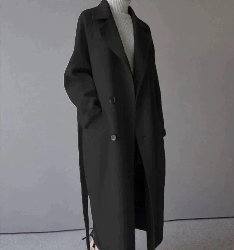 Long wool coat in black, double-breasted front, front view