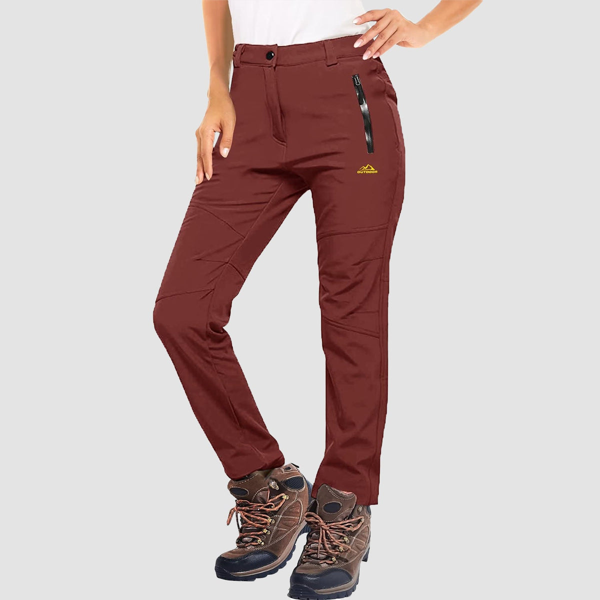 Dark orange fleece lined winter ski pants, water resistant ripstop softshell, front view