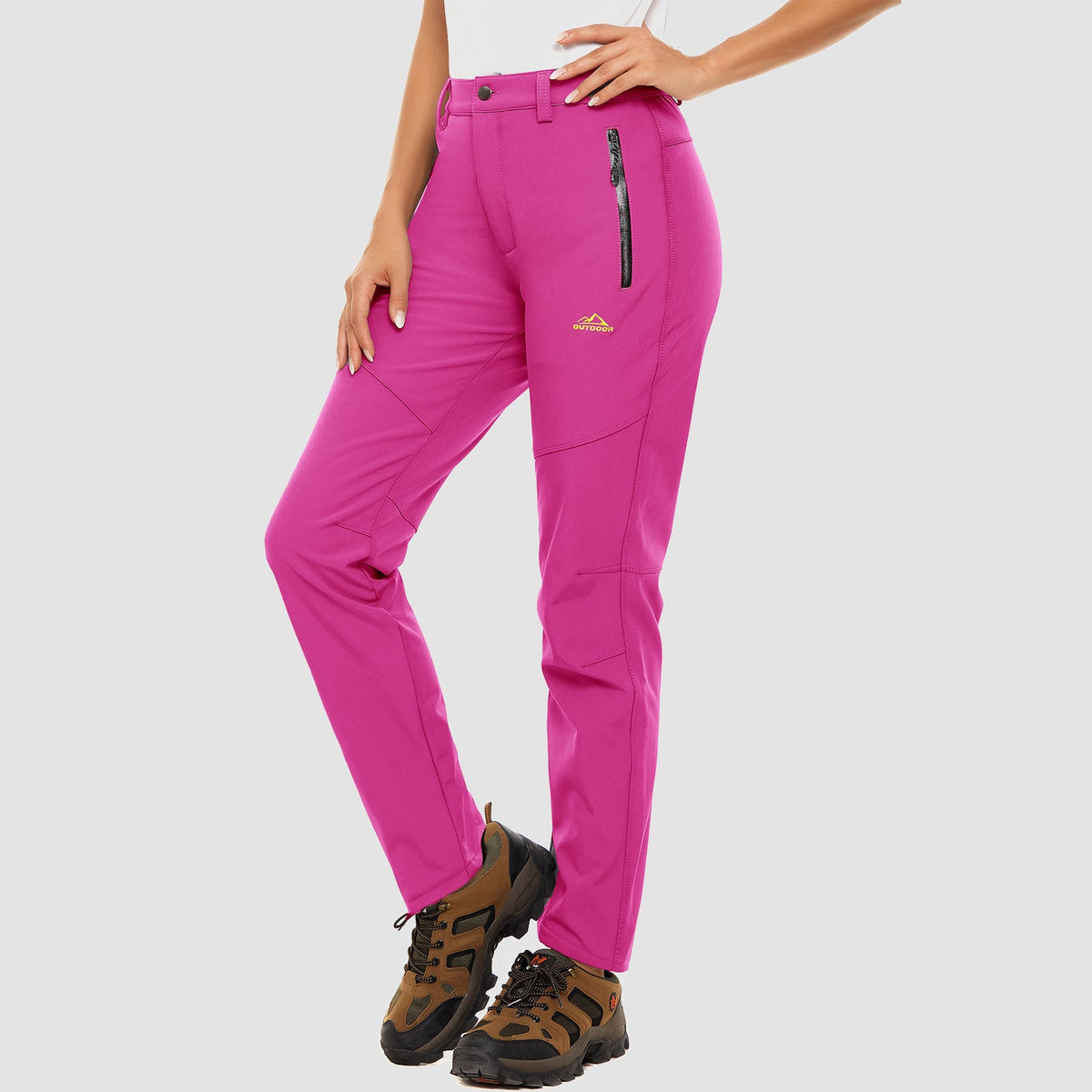 Rose pink fleece lined winter ski pants, water resistant ripstop softshell, front view