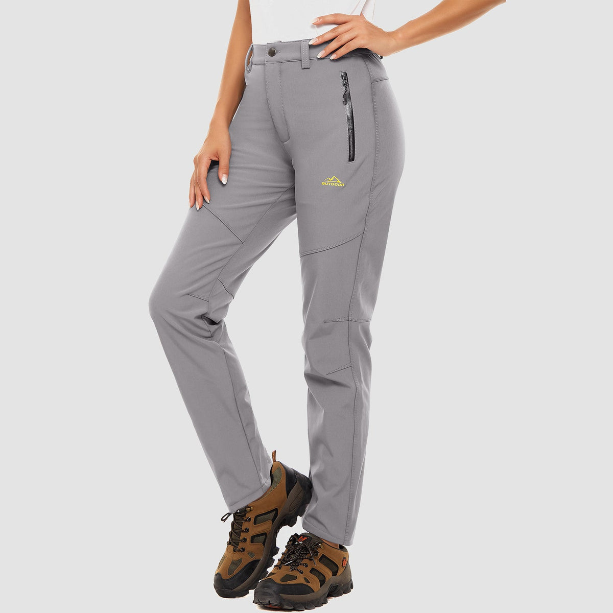 Light grey fleece lined winter ski pants, water resistant ripstop softshell, front view