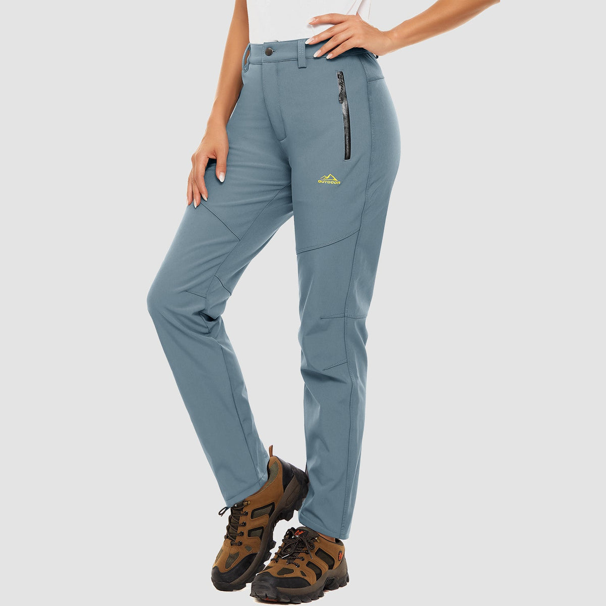 Light blue fleece lined winter ski pants, water resistant ripstop softshell, front view
