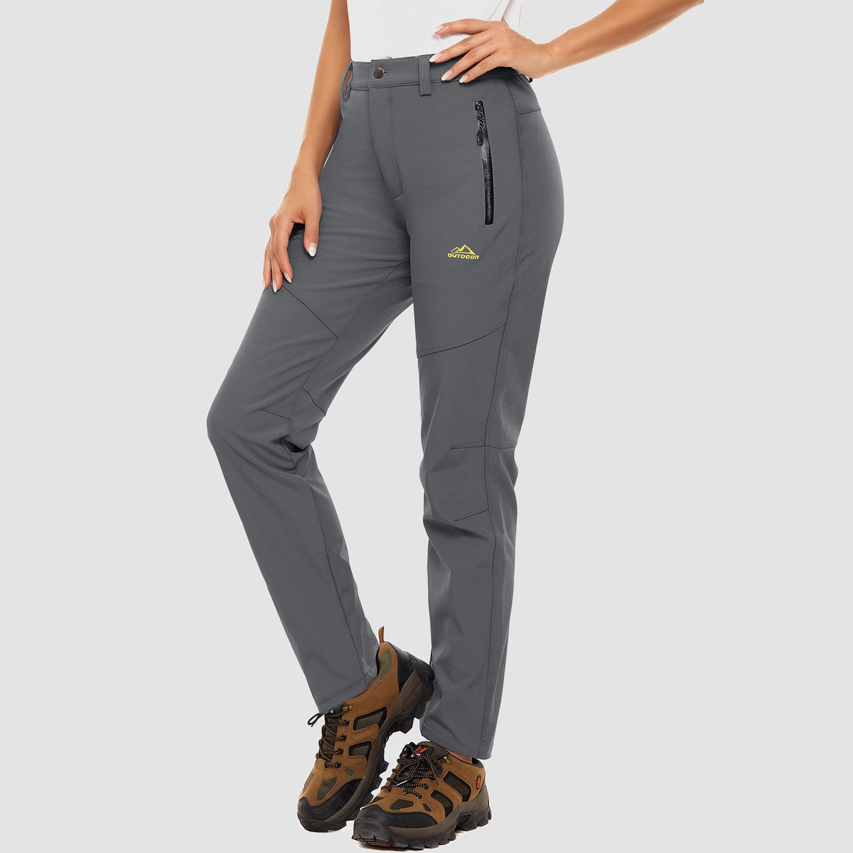 Dark grey fleece lined winter ski pants, water resistant ripstop softshell, front view