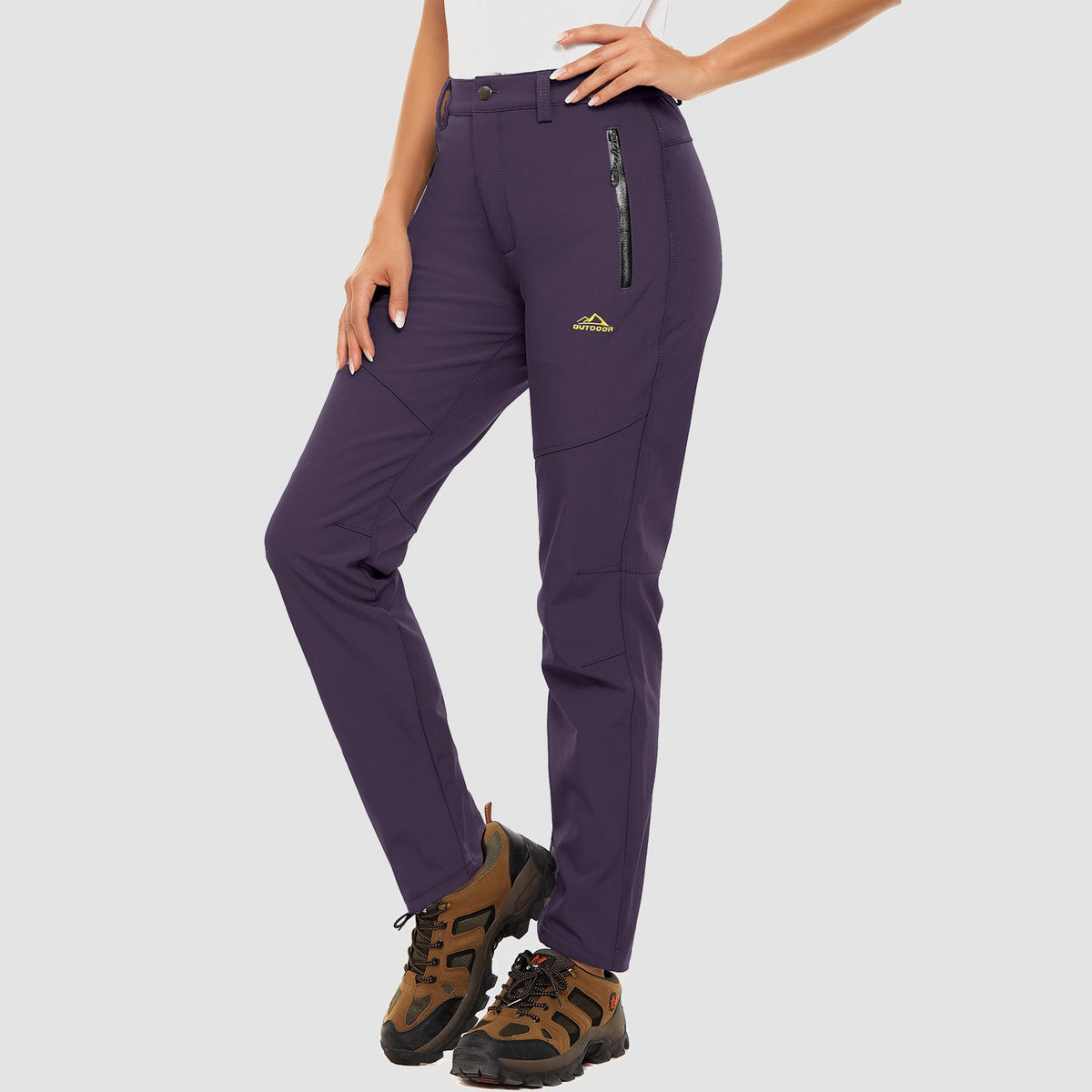 Dark purple fleece lined winter ski pants, water resistant ripstop softshell, front view