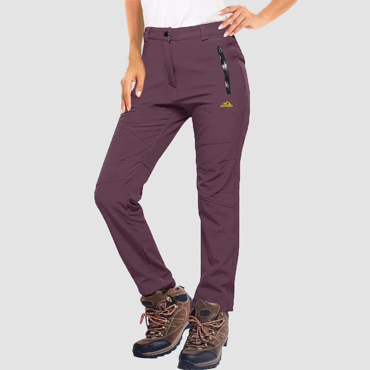 Purple fleece lined winter ski pants, water resistant ripstop softshell, front view