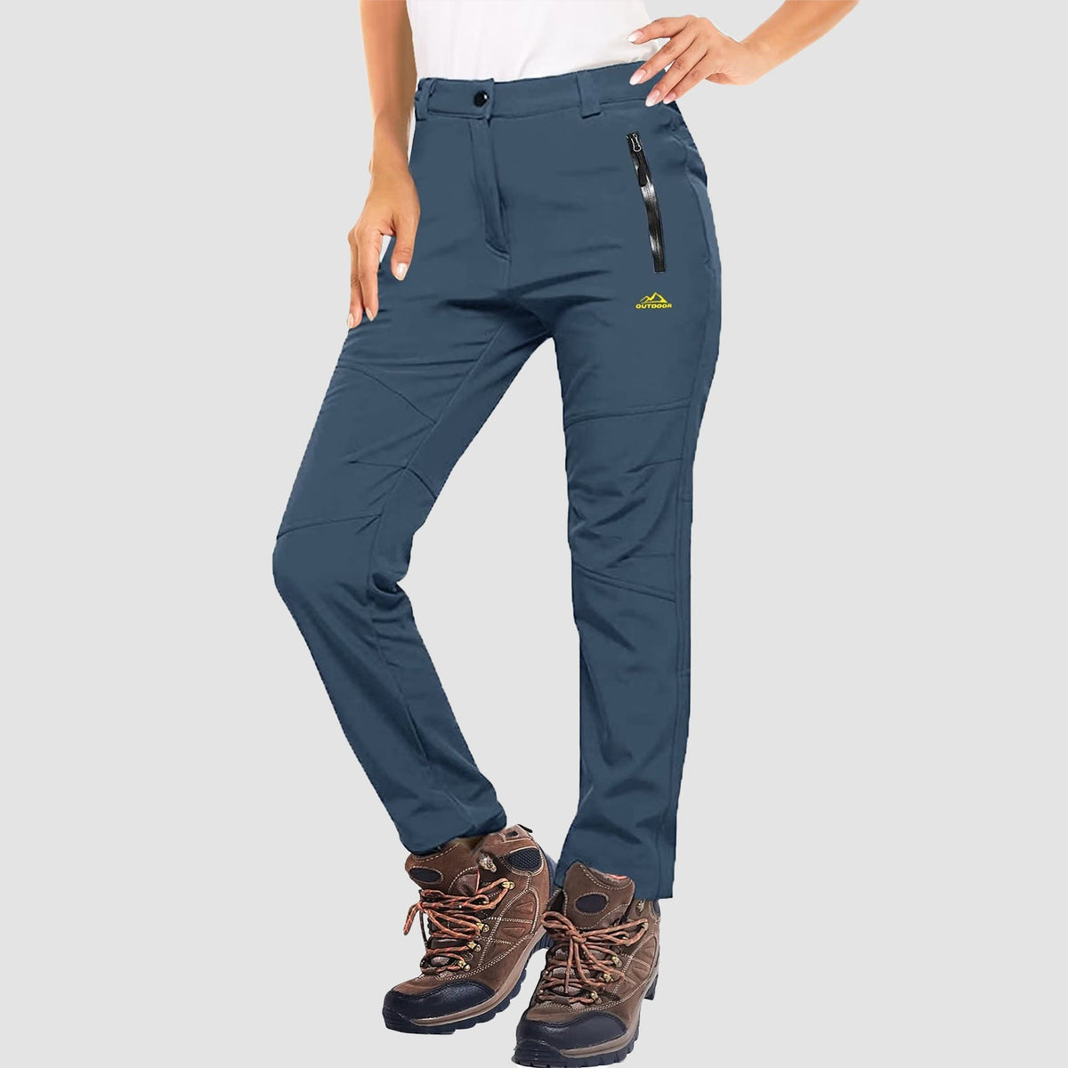 Dark blue fleece lined winter ski pants, water resistant ripstop softshell, front view