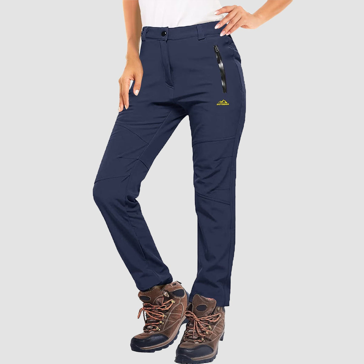 Navy fleece lined winter ski pants, water resistant ripstop softshell, front view