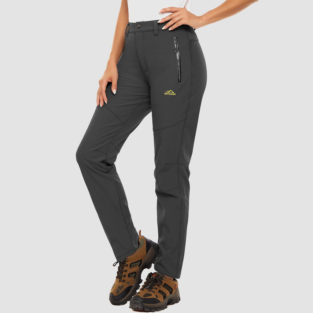 Black fleece lined winter ski pants, water resistant ripstop softshell, front view