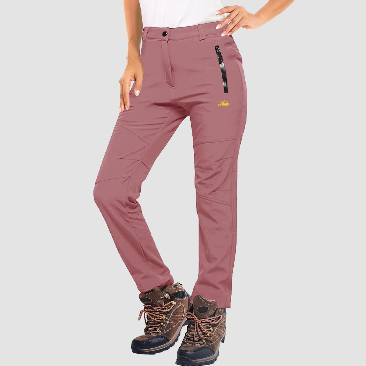 Pink fleece lined winter ski pants, water resistant ripstop softshell, front view