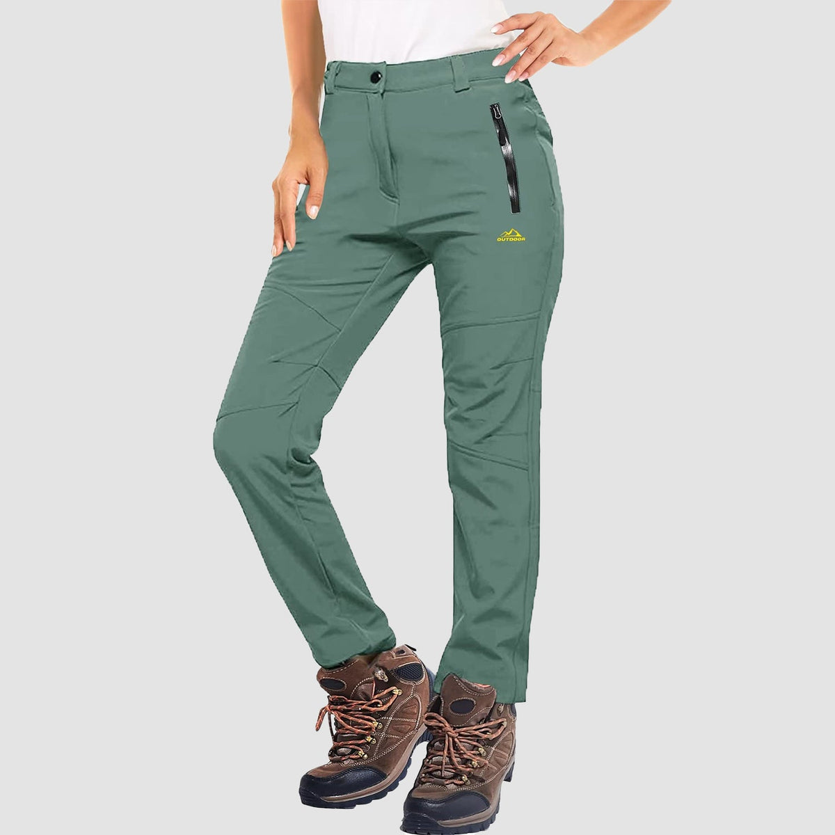Fern green fleece lined winter ski pants, water resistant ripstop softshell, front view