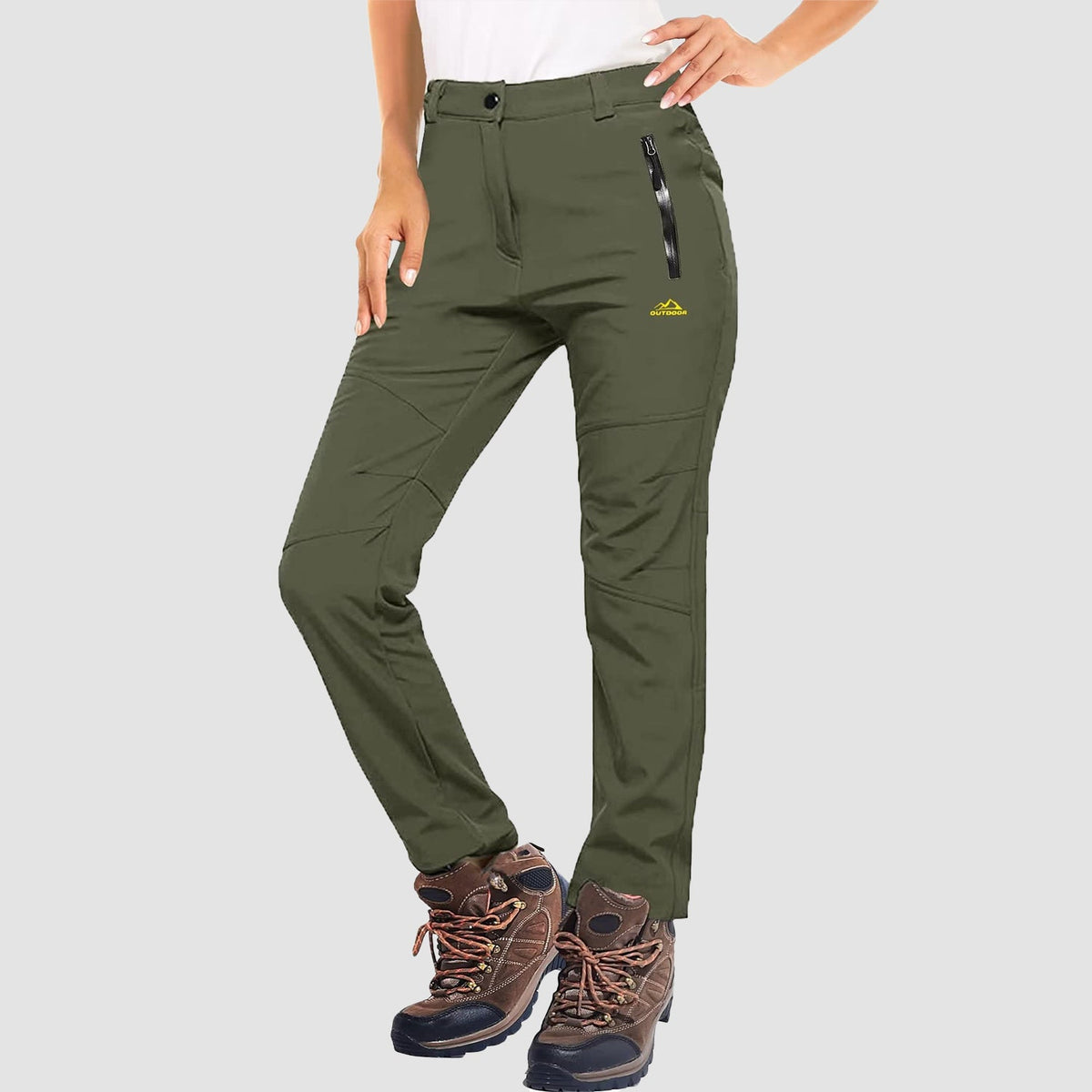 Army green fleece lined winter ski pants, water resistant ripstop softshell, front view