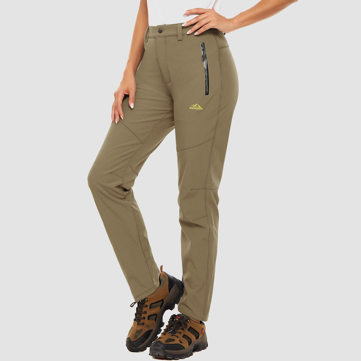 Khaki fleece lined winter ski pants, water resistant ripstop softshell, front view