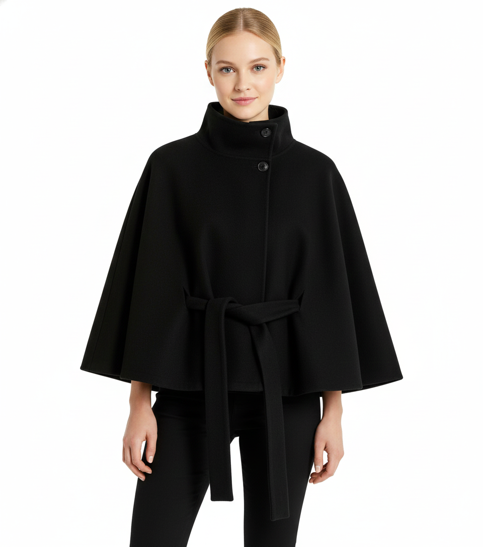 Wool blend coat in brown with high collar and belt, front view