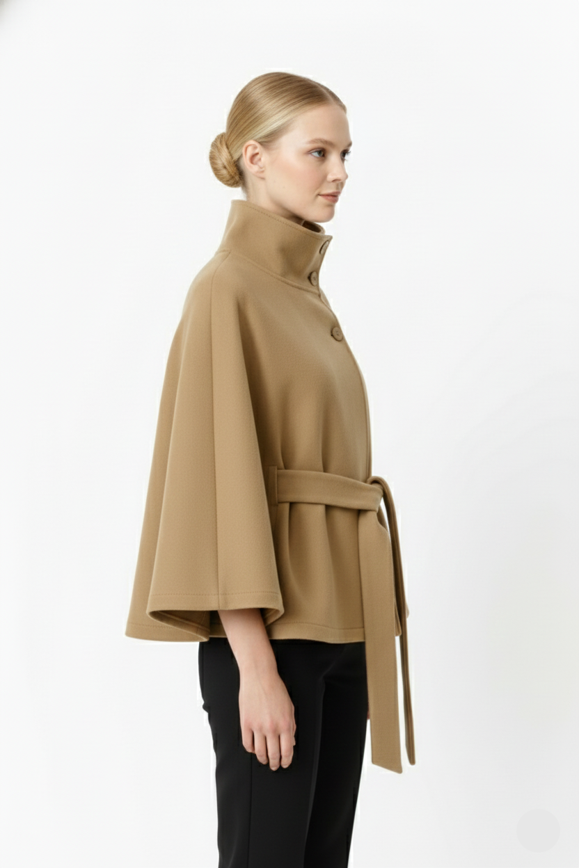 Wool blend coat with high collar and removable belt, detail view