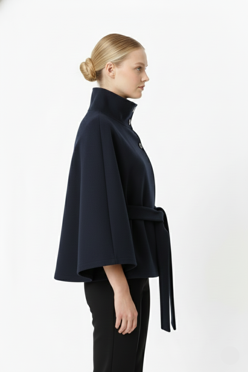 Wool blend coat with high collar and removable belt, detail view