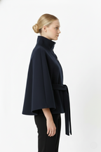 Wool blend coat with high collar and removable belt, detail view