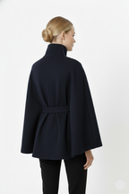 Wool blend coat with high collar and removable belt, detail view