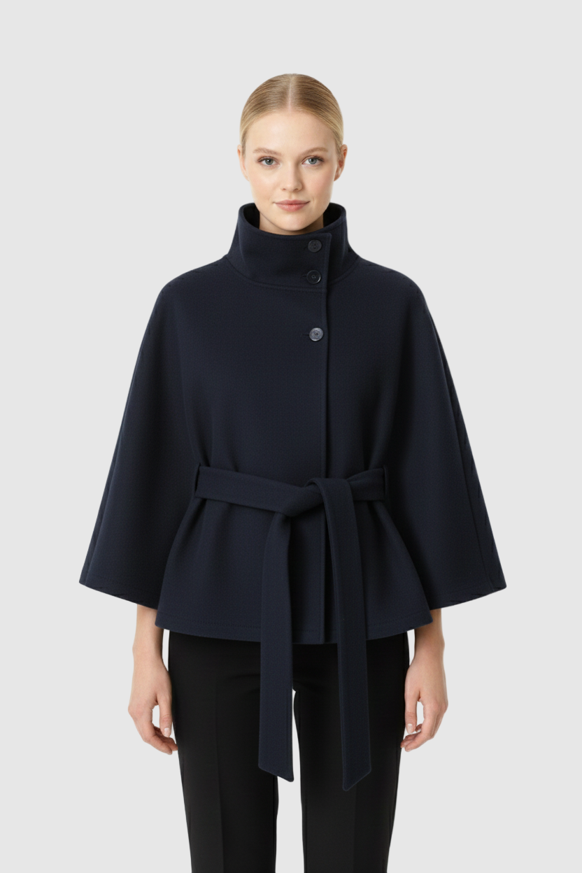 Wool blend coat in black with high collar and belt, front view