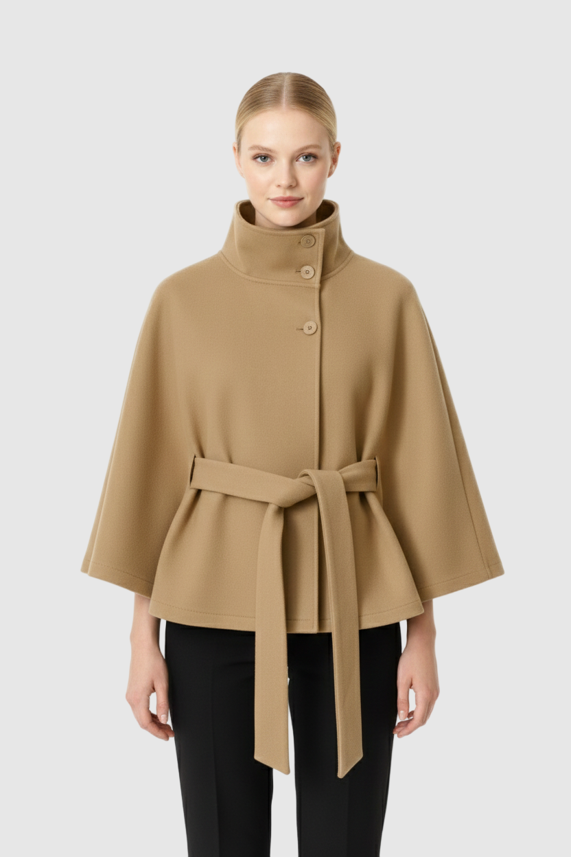 Wool blend coat in beige with high collar and belt, front view