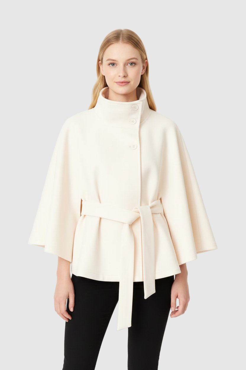 Wool blend coat in blue with high collar and belt, front view