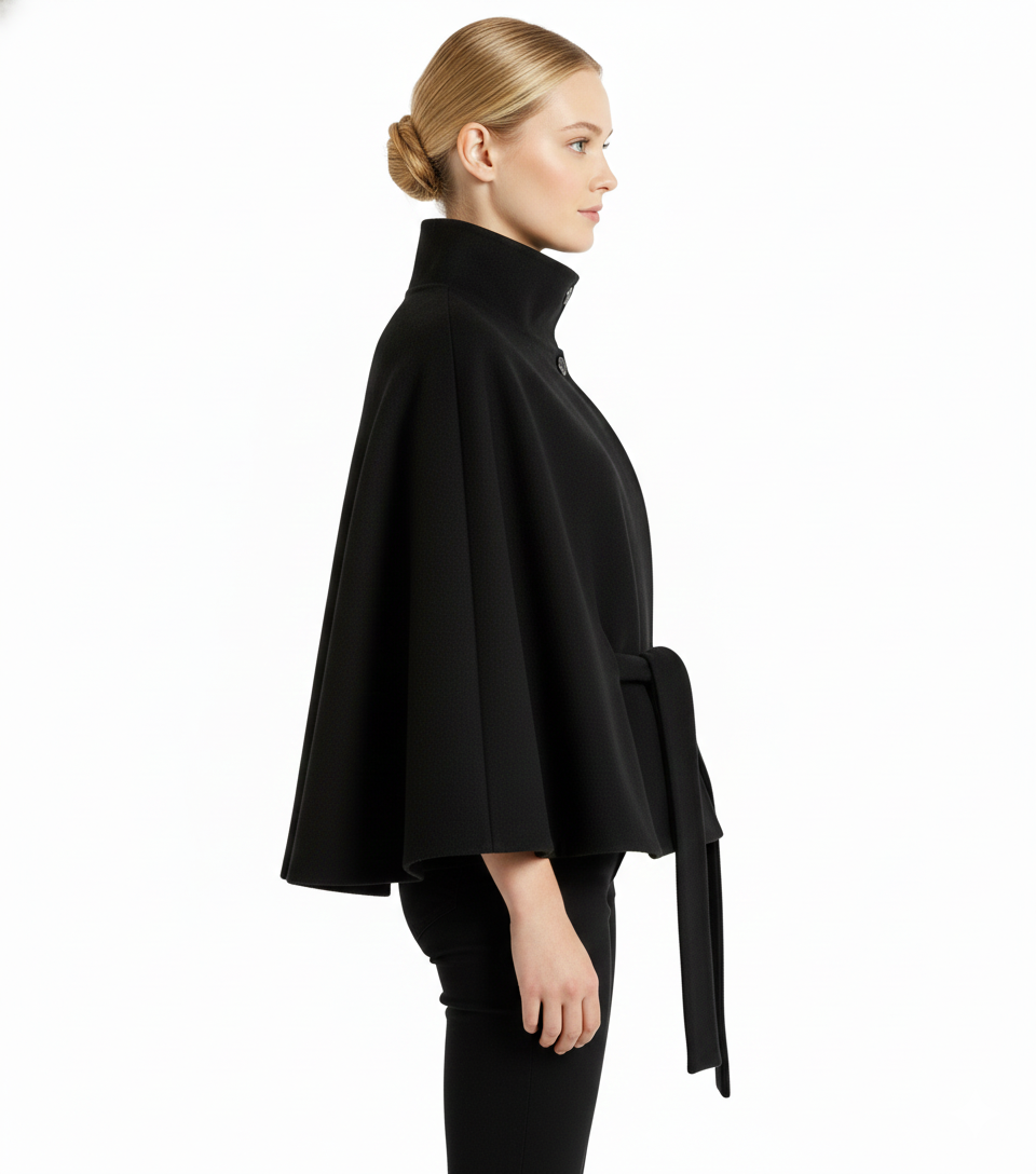 Wool blend coat with high collar and removable belt, detail view