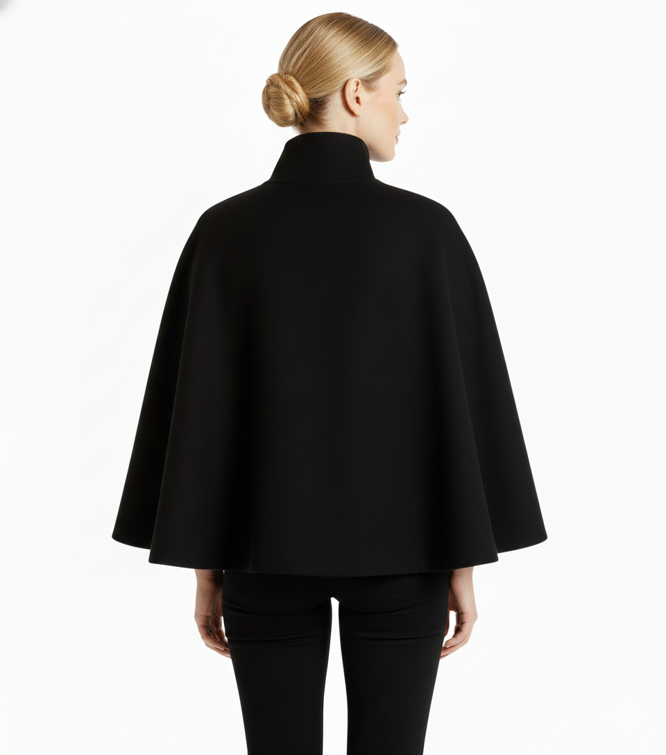 Wool blend coat with high collar and removable belt, detail view