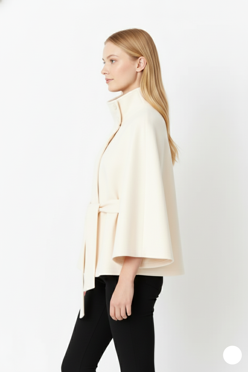 Wool blend coat with high collar and removable belt, detail view