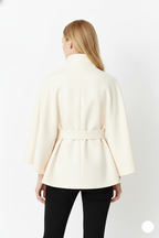 Wool blend coat with high collar and removable belt, detail view