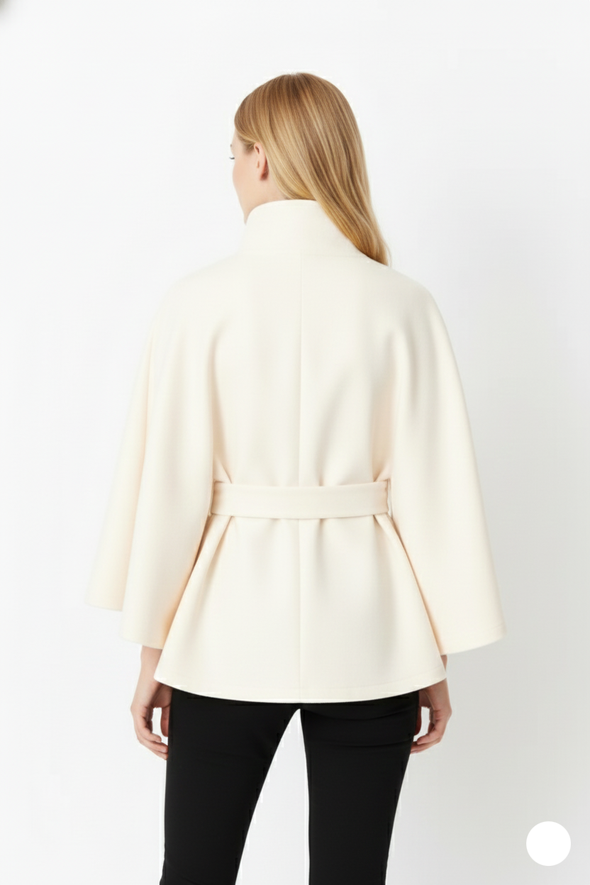 Wool blend coat with high collar and removable belt, detail view