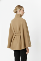 Wool blend coat with high collar and removable belt, detail view
