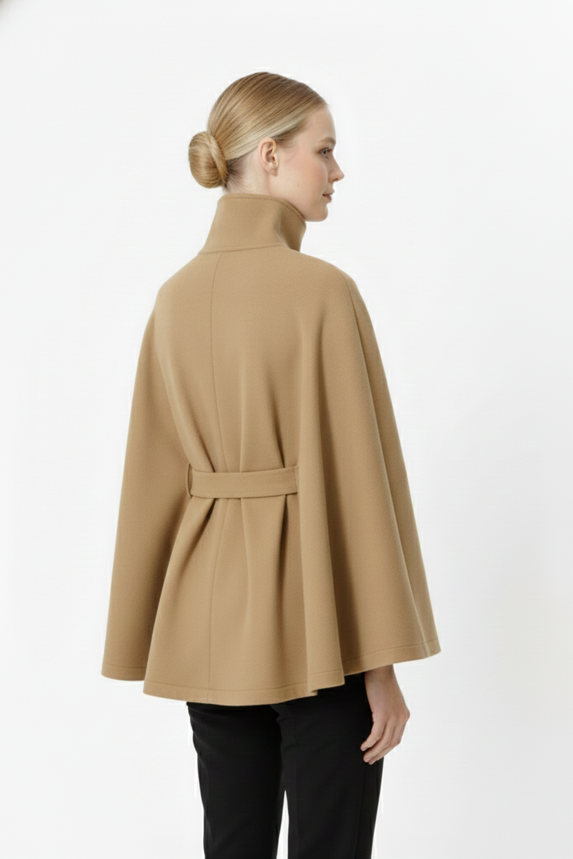 Wool blend coat with high collar and removable belt, detail view
