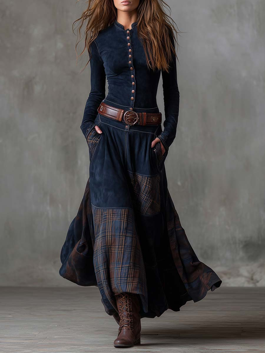 Belted suede-look panel dress in navy.