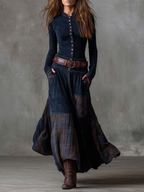 Belted suede-look panel dress in navy.