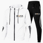 White two-piece hoodie tracksuit set, front view of hoodie and joggers