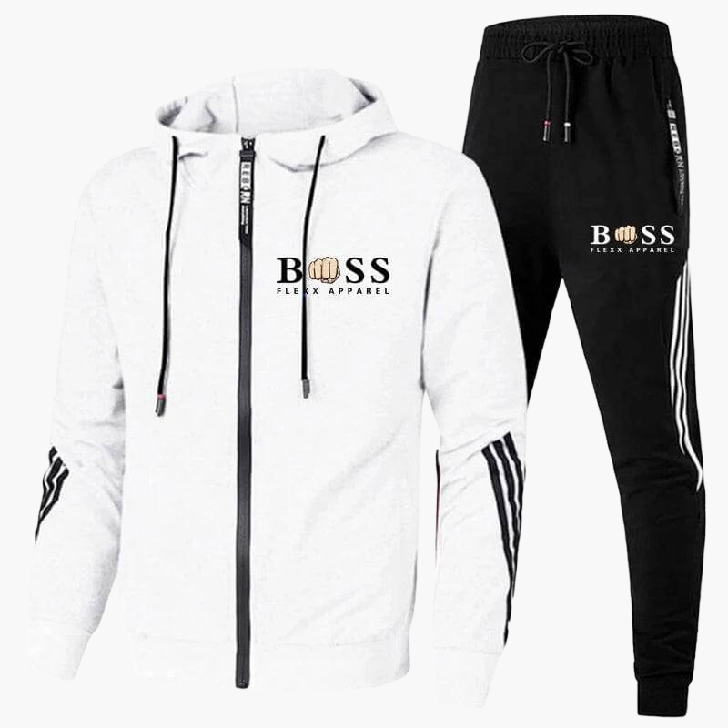 White two-piece hoodie tracksuit set, front view of hoodie and joggers