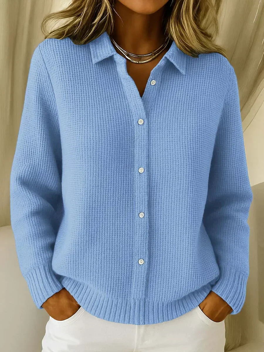 Elegant longline button-front cardigan in blue.