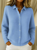 Elegant longline button-front cardigan in blue.