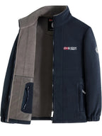 Fleece jacket in navy with a high protective collar, outdoor style, front view.
