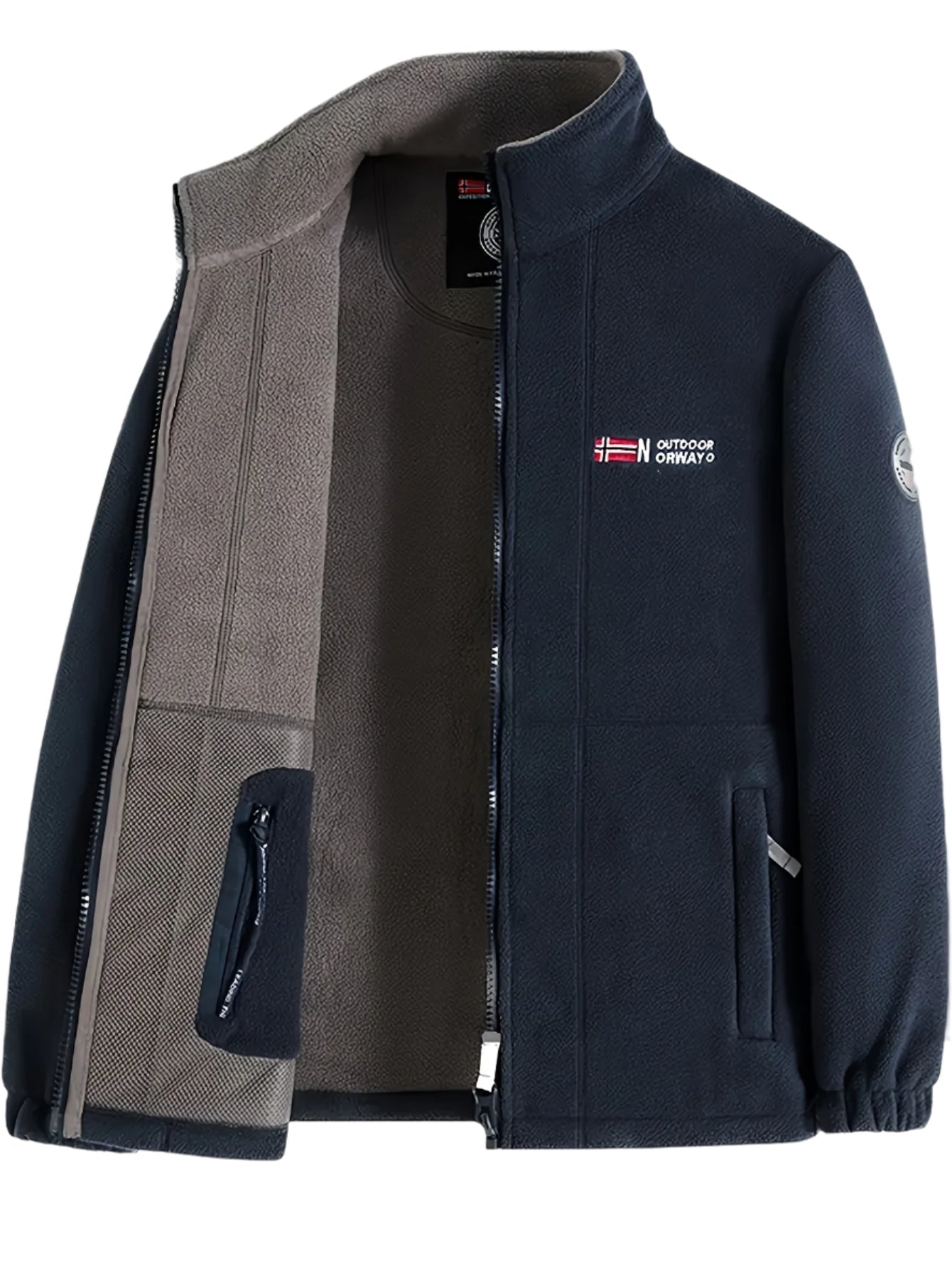 Fleece jacket in navy with a high protective collar, outdoor style, front view.