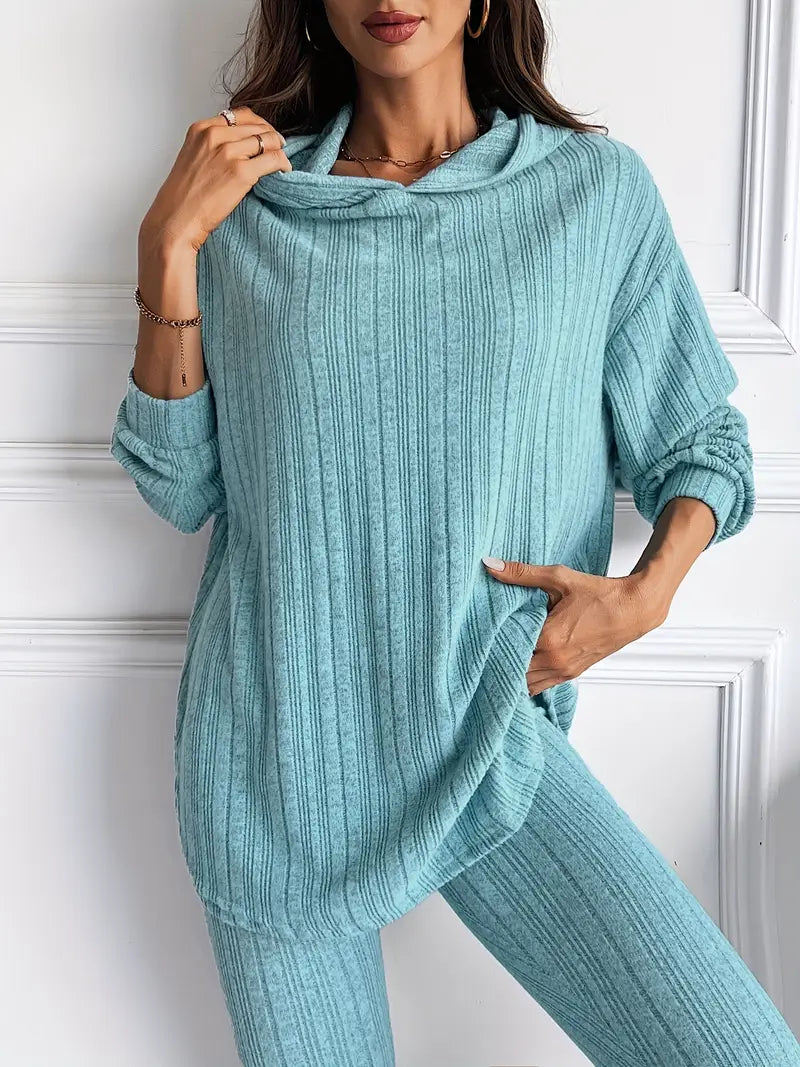 Ribbed knit lounge set with oversized hooded top, back view