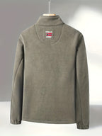 Fleece jacket high collar outdoor in navy, red, khaki, grey and black, outdoor styling view.