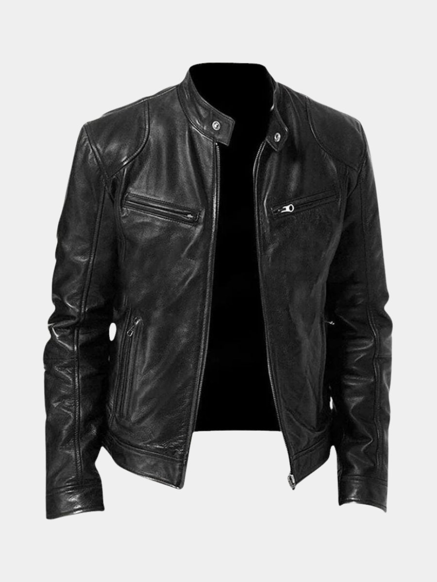 Leather-look jacket in black, front view showing the fitted cut and clean minimal lines
