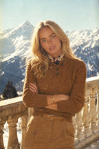 Cable-knit button-up sweater stand collar in vintage shade, front view