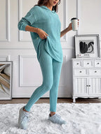 Ribbed knit lounge set, hooded top with side slits, front view