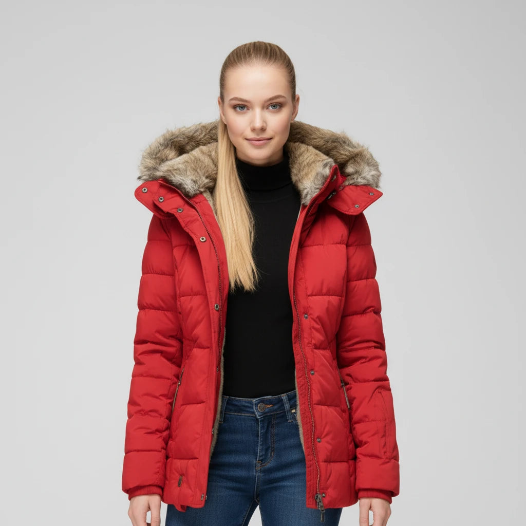 Fitted Fur-Hood Jacket Quilted Puffer