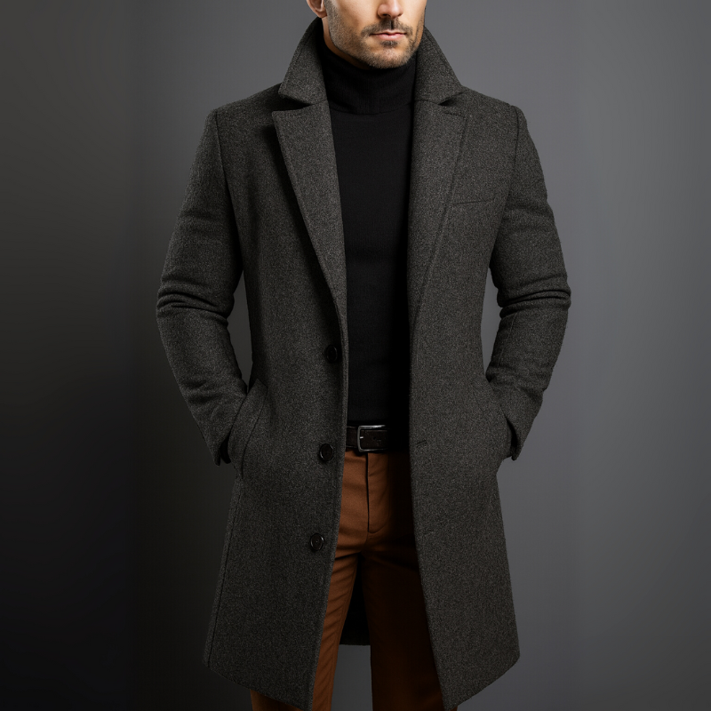 Tailored longline wool coat in gray, front view showing the smooth wool finish