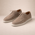 Suede-look lace-up loafers in beige, closed toe, side view.