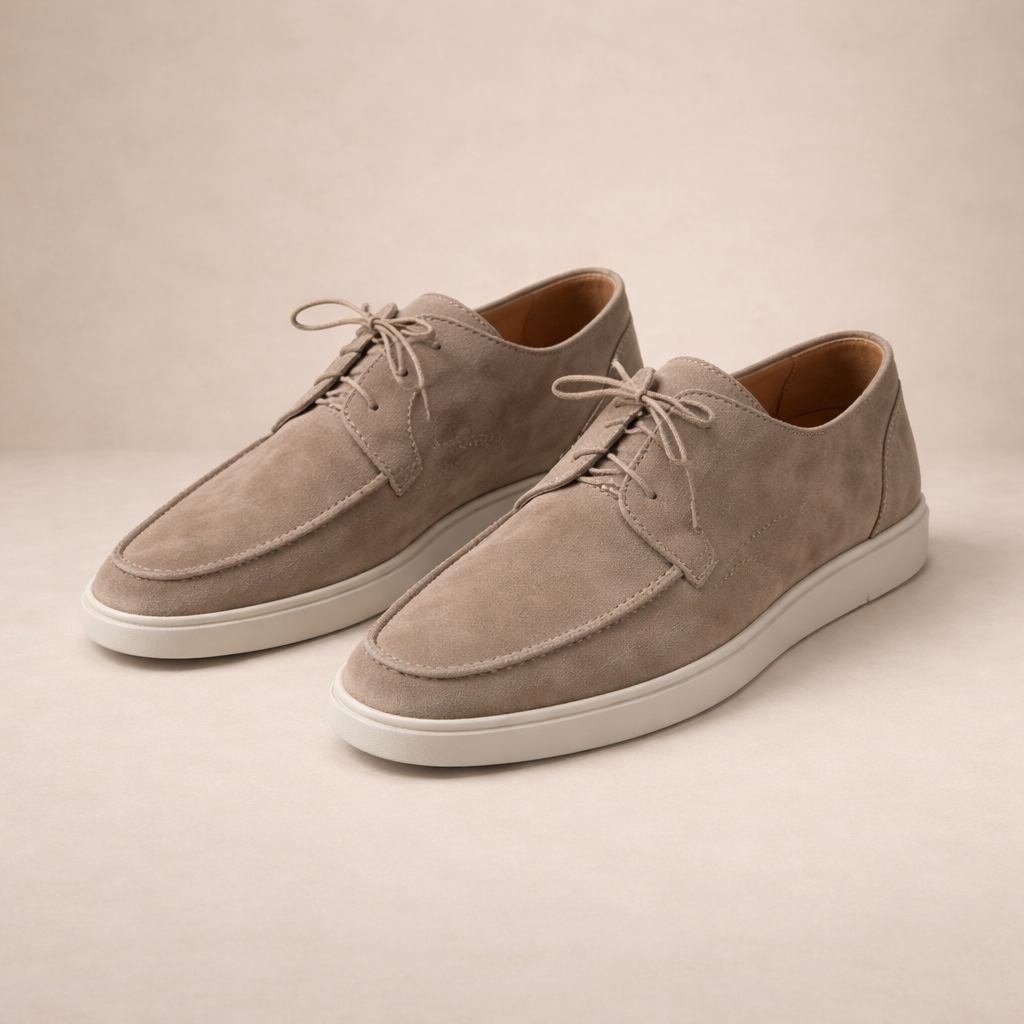 Suede-look lace-up loafers in beige, closed toe, side view.