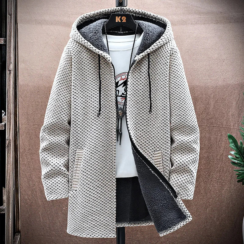 White wool blend jacket, fleece-lined zip-up, front view