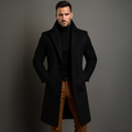 Tailored longline wool coat in black, front view showing the clean elegant drape
