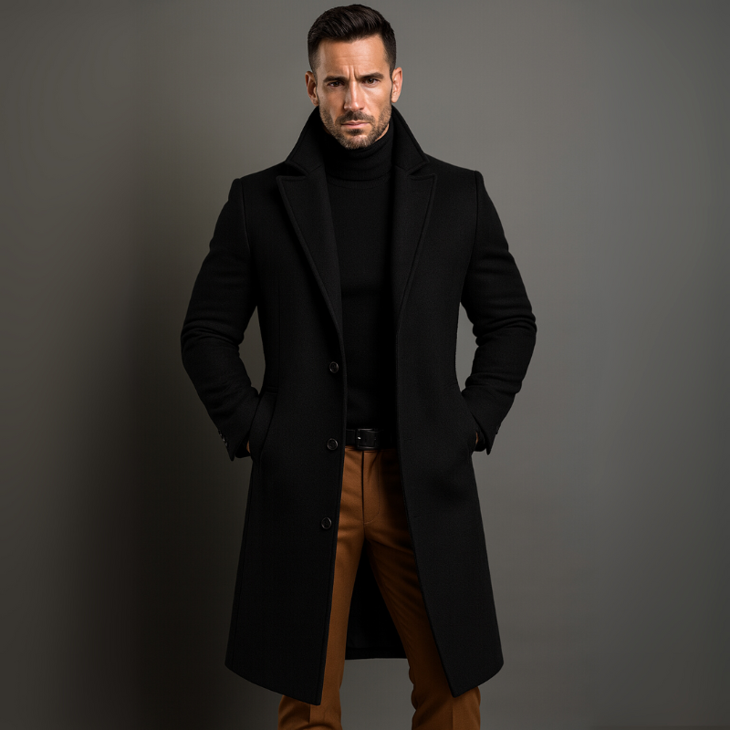 Tailored longline wool coat in black, front view showing the clean elegant drape